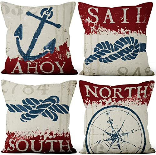 Aoihrraan 51x51cm 4er Set Dekorativ Nautisch Segeln Kissenbezug Retro Anker Ruder Nostalgisch Klassisch Kraft Papier Zierkissenbezug Quadratische Couchkissen Dekokissen Schlafzimmer Draussen Sofa