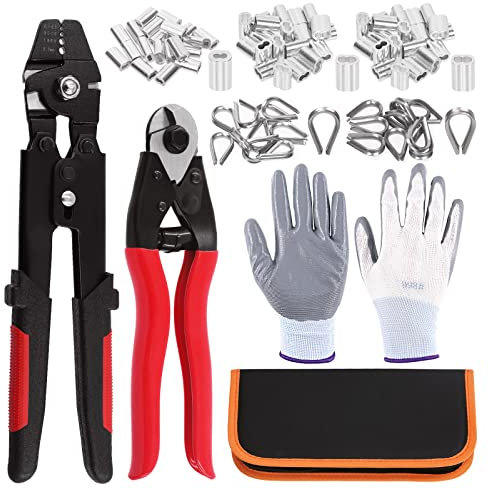 Swpeet Lot de 83 outils à sertir pour câble métallique jusqu'à 2,2 mm et coupe-câble jusqu'à 1,6 cm, 3 tailles de manchons à sertir doubles en aluminium, 2 tailles de dé à coudre en acier inoxydable