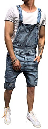 Oanviso Salopette Corta in Denim da Uomo Tinta Unita/Foro Strappato Jumpsuit con Cinturino Regolabile Multi-Tasche Casual Jeans Comodo Salopette Classico Vintage Abiti da Lavoro D Blu XS