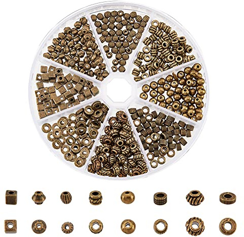 NBEADS 400 Stück Tibetanische Legierung Spacer perlen, 8 Stile Gemischte Metallperlen Rund/Doppelkegel/Säule/Donut/Rondelle Legierung Lose Perlen Für DIY Schmuckherstellung, Antik Bronze