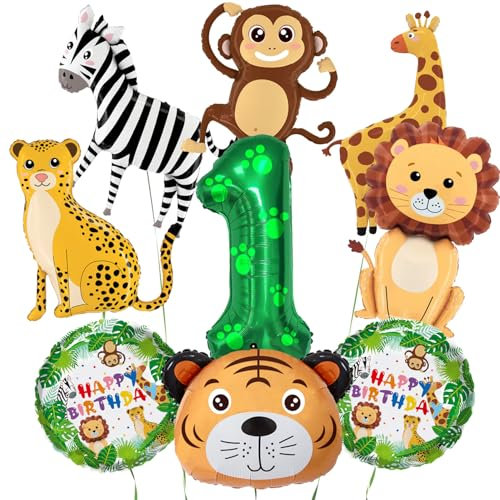 Dschungel Tier Luftballons, Safari Geburtstagsdekorationen, Groß 101.6 cm Nummer 1 Ballon, Niedliche Lächeln Tier Luftballons, für Jungen Mädchen Wild One Birthday, Dschungel Safari Thema Party