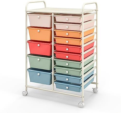 COSTWAY 15 Drawers Storage Trolley, Home Office Stationary Rolling Cart with 4 Wheels, Multipurpose Mobile Organiser Shelving Unit for Makeup Beauty Salon (Colorful)