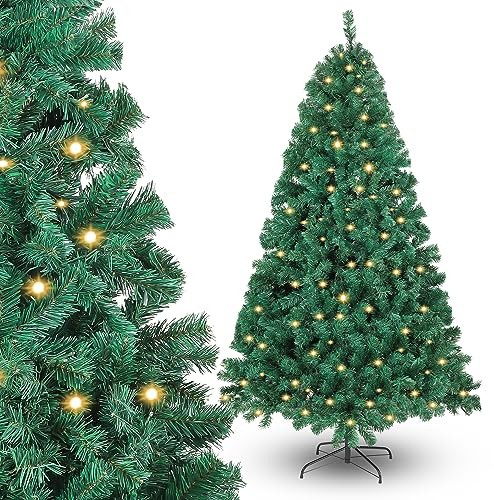Ansobea Albero di Natale artificiale con illuminazione, 210 cm, albero di Natale artificiale, 1200 punte, montaggio rapido, pieghevole, resistente al fuoco, albero di Natale