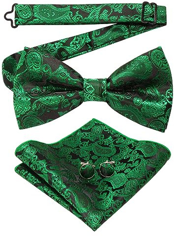 JEMYGINS Blau Paisley Fliege und Einstecktuch mit Manschettenknöpfe Sets für Herren,Grün