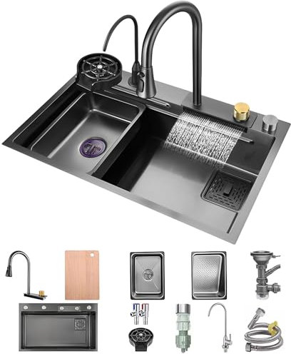 Fregadero de cocina de un solo tazón de acero inoxidable con cascada multifuncional bar mostrador fregadero de estación de trabajo con revestimiento nano fregadero con cascada grifo y conjunto
