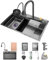 Fregadero de cocina de un solo tazón de acero inoxidable con cascada multifuncional bar mostrador fregadero de estación de trabajo con revestimiento nano fregadero con cascada grifo y conjunto