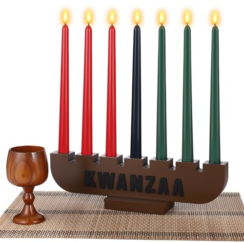 DERTE 10 Pieces Kwanzaa Kinara Set 3 Red 3 Green 1 Black Kwanzaa Candles Set Wooden Kwanzaa Candle Holder Wooden Wine Goblet Bamboo Placemat for Kwanzaa Celebration Decoration