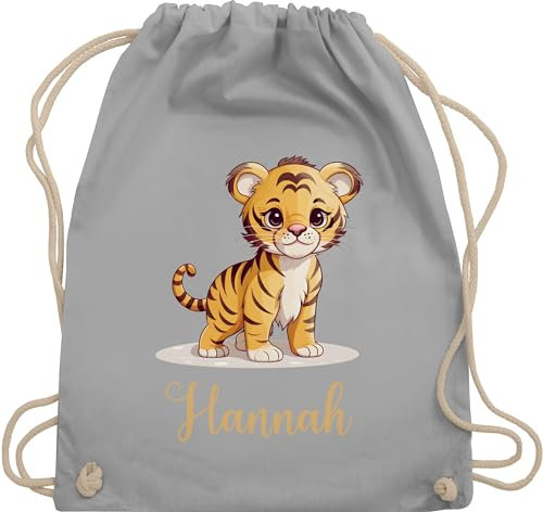 Turnbeutel Rucksack - Tiger mit Namen - Zootiere Tiermotiv - Unisize - Hellgrau - tiger, tigermotiv baumwolle personalisierte geschenke motiv personalisieren