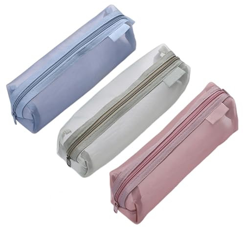 Finyoffiy 3pcs Portable Pencil Case,Zippered Mesh Storage Bag, Simple Pen Pouch,Stationery Pouch Pen Case for Office for Travel Office Women (Blue+Red+Green)