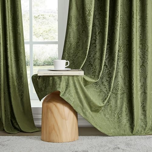 GIGIZAZA Grüne Samtvorhänge für Wohnzimmer, 2 Paneele, luxuriös, Vintage-Vorhänge, Blumenprägung, Verdunkelung, Fenstervorhang, Thermovorhang für Schlafzimmer, 213 cm