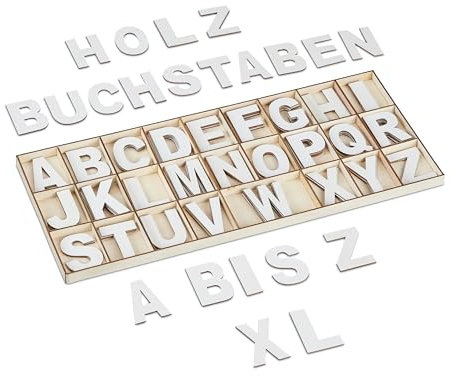 Relaxdays Holzbuchstaben Set, 104-teilig, Großbuchstaben A-Z, 5 cm hoch, XL Buchstaben zum Basteln, Deko Alphabet, weiß