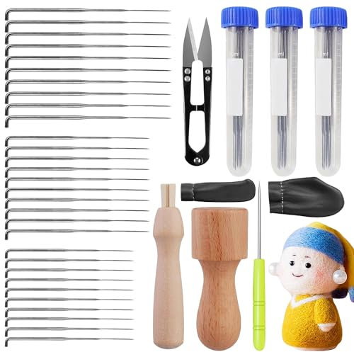38 Piezas Aguja Magica Para Bordar Agujas De Coser a Mano Agujas Aguja Lanera Fieltro de Aguja Disponible en 3 Tamaños Mango de Madera para Agujas de Fieltro y Otras Herramientas de Bricolaje
