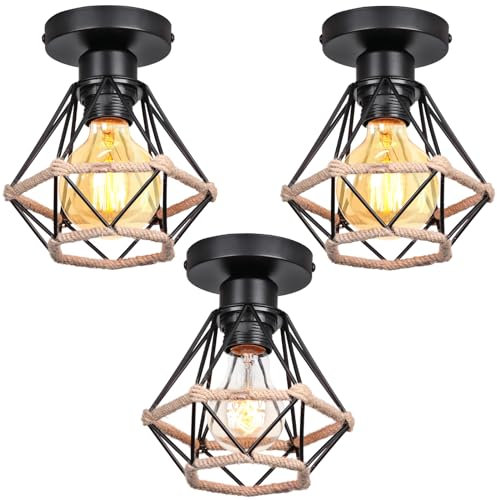 3 pezzi Lampada da Soffitto E27 Industriale Plafoniera Vintage Lampadario a Sospensione Nero Retro Corda di Canapa Illuminazione 16CM interna per Cucina Salotto (Plafoniere - 3 pezzi)