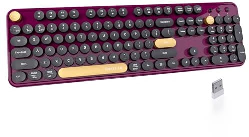 UBOTIE Dual Mode Colorful Wireless Keyboard, Bluetooth and USB Receiver Retro Typewriter Round Keycaps Keyboard Support Multi Devices for PC Laptop Tablet Phones(Black-Claret)