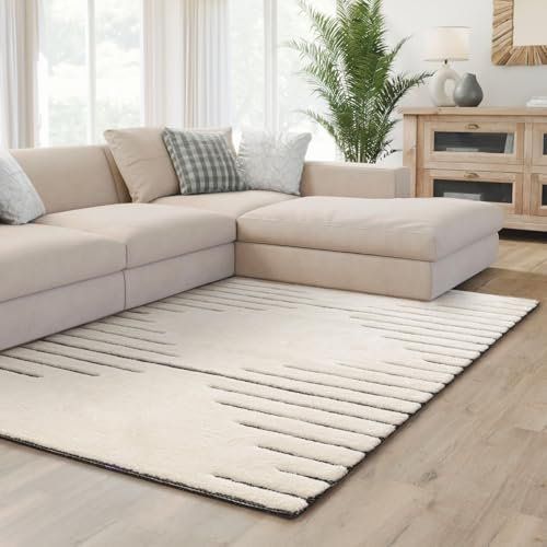 Interiyou Teppich Wohnzimmer Verona - 140x200 cm Creme/Grau - Für Schlafzimmer, Esszimmer, Kinderzimmer - Hochflor mit 3D-Effekt - geometrische Muster - Pflegeleicht