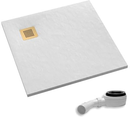 AQUABAD Duschwanne/Duschtasse Palast mit LeakProtect Technologie White Stone 90x90cm Quadrat - Blende: poliertes Gold | inkl. Ablaufgarnitur/Siphon