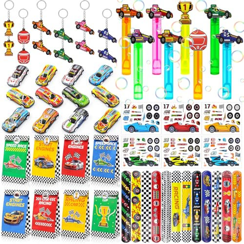 Moltby party Rennautos Mitgebsel Kindergeburtstag Junge-72pcs Mini Auto Rennauto, Rennauto Geschenktüten, Rennauto Slap Armband, Aufkleber, Schlüsselanhänger, Give Aways Gastgeschenke für Jungen
