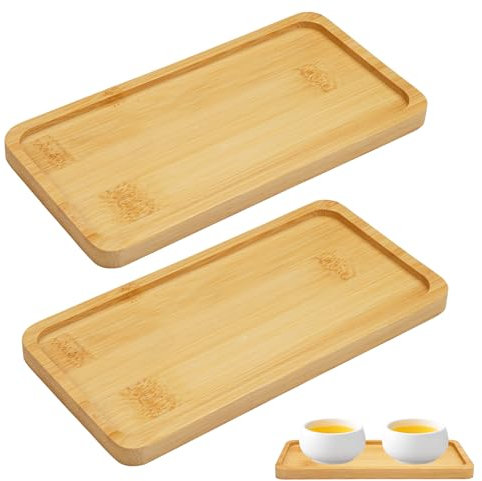 EXIN DEHCEN 2 Pièces Plateau en Bambou, Plateau en Bambou Rectangulaire, Petit Plateau Decoratif Assiette Bambou de Stockage Service Bois pour Nourriture, Tasses Bijoux Pots de Fleurs (17.5 cm x 9 cm)