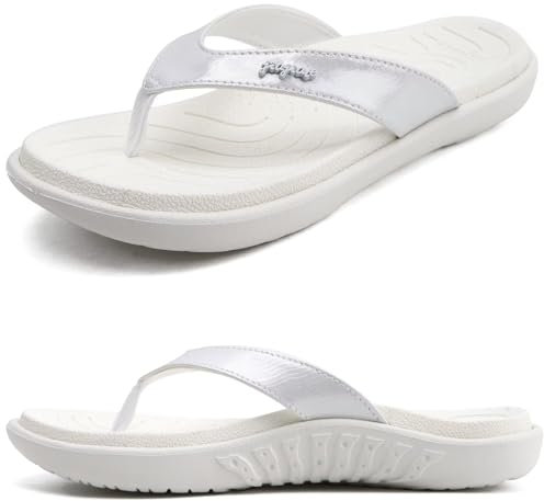 jiajiale Chanclas Mujer Moda Ortopedicas Comodas Piel Tela Sandalias de Dedo Verano Cool Playa Piscina Flip Flop Ligera Abierta Chancletas Antideslizante Goma Suela Blanco EU39