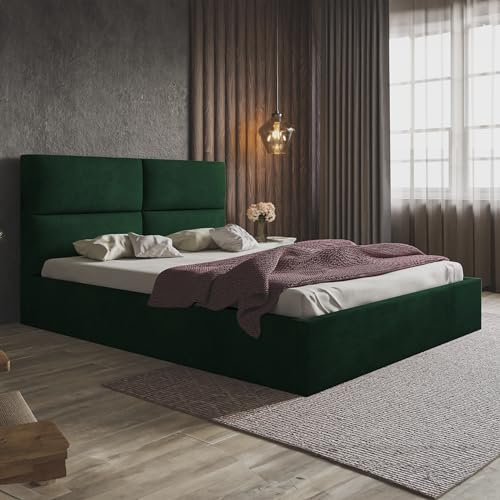 MOTIVENA Livi Polsterbett 140x200 Grün, Samt Mit Bettkasten und Stauraum, Lattenrost, Kopfteil, Ohne Matratze, Dunkelgrün