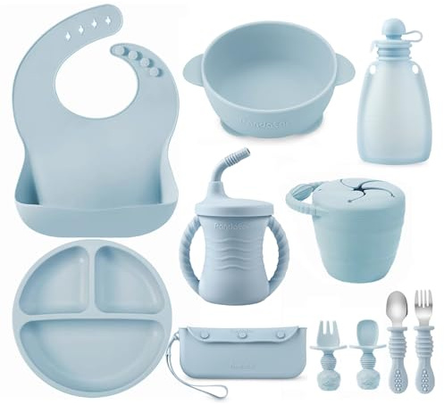 PandaEar Silicone Feeding Set | 11PCS Led Weaning Supplies Self Feeding Utensils | Divided Suction Plate Bowl Bibs Sippy Cup with Food Pouch Snack Container Spoons Forks, Blue