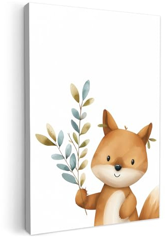 MuchoWow© Leinwand Deko Schlafzimmer Aesthetic Leinwandbilder Kinderzimmer | 80x120 cm - Mädchen Gemälde Foto Geschenk Living Room Decoration Fuchs - Waldtiere - Jungen - Äste - Blätter