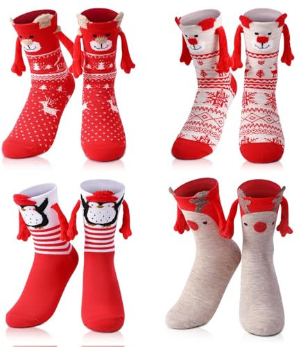 laamei 4 Paar Lustige Weihnachtssocken mit Magnetarmen Hand in Hand Socken Weihnachten Geschenke für Frauen Männer Freunde Familie Partner 37-44(Beige/Rot/Pinguin/Khaki)
