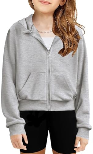 Arshiner Ragazza Felpe con Cappuccio Zip Bambine Felpa a Maniche Lunghe Moda Casual Hoodie Autunno Inverno Felpe per Ragazze 7-8 Anni Grigio Chiaro