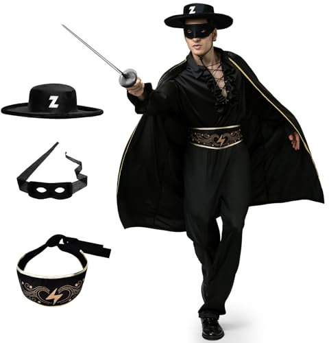 BuzzoXerex Zorro Kostüm Herren, Maskierte Helden Kostüm, Karneval Banditen Kostüm mit Schwarz Filzhut, Maske, Umhang, Rüschenhemd, Hose und Gürtel für Karneval Fasching Mottoparty (M)