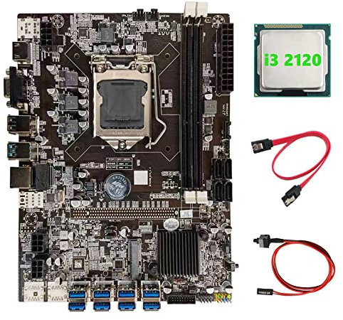 Kdouehg Placa Base de MineríA B75 BTC + CPU I3 2120 + Cable SATA + Cable de Interruptor LGA1155 8XPCIE Adaptador USB B75 Placa Base de Minero USB BTC
