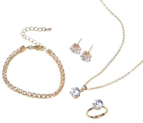 Auriselle Damen Schmuck Set Strassstein Ohrringe Halskette Armband Ring Klassisch 4 Stück Frauen Schmuck mit Cubic Zirkonia Hochzeit Geschenke für Ladies, Gold