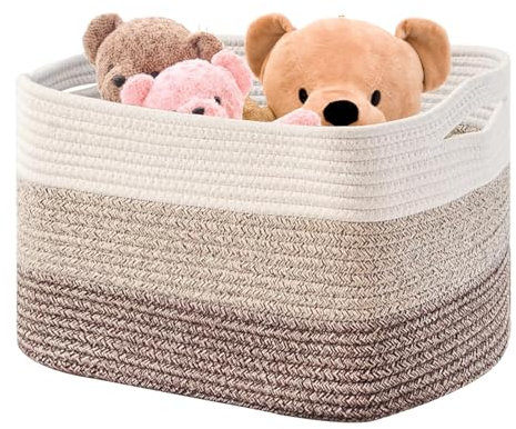 Boensi Grande cestino per coperte-54×43×30cm Cesto Portaoggetti rettangolare in corda di cotone intrecciato per coperte, giocattoli per bambini e vestiti (sfumato di)