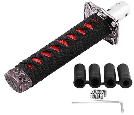 Yuecoom 1 PC Schaltknauf Katana Design Auto, Universeller japanischer Schaltkopf mit 4 Adaptern für die meisten Schaltgetriebe Autos(Schwarz Rot)