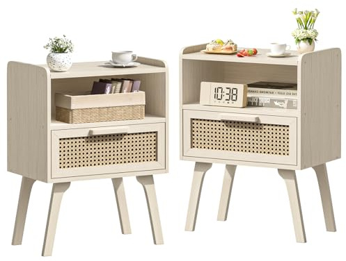 Lerliuo Rattan-Nachttisch-Set, 2er-Set, Beistelltisch mit Schublade, offenes Regal, Nachttisch aus der Mitte des Jahrhunderts, moderner Nachttisch für Schlafzimmer, Wohnheim und kleine Räume (Grauweiß