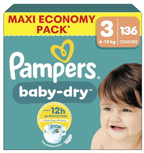 Pampers Baby-Dry Größe 3, 136 Windeln, 6 kg - 10 kg, eine bequeme Nacht bis zu 100% ohne Auslaufen