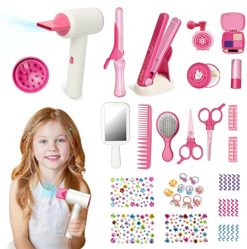 RedCrab Set Peluqueria Juguete Niña con Secador de Pelo, Rizador, Plancha de Pelo, Peine, Espejo y Accesorios para El Cabello, Juegos de rol Regalos para Niñas 3 4 5 6 7 8 Años