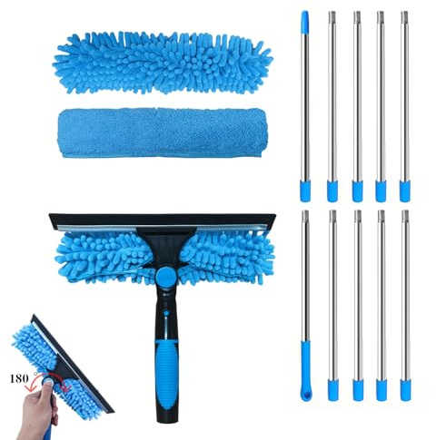 Teleskop Fensterwischer Set, 4,2M Fensterputzer mit 10 Verlängerungsstangen, Chenille/Koralle Samt Ersatzstoff, Duschabzieher, 2 in 1 Fenster Putzen Set für Hohe Fenster, Wände, Autoglas
