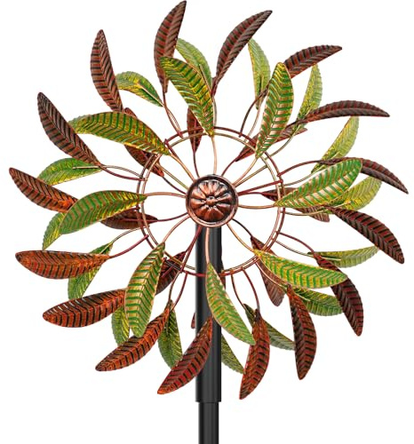 Moulin à Vent Solaire, Sculptures cinétiques à Vent à Lame Double Direction pour l'extérieur, Moulin à Vent Cinétique Éoliennes décoratives pour terrasse pelouse et Jardin (Brun + Vert)