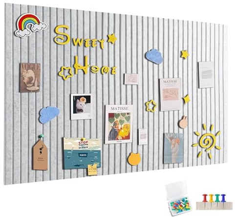 120x90cm Grande Planche à Pinces en Feltre Autocollante, Tableau en Feltre avec 60 Épingles à Messages, Tableau Mémo pour Bureau, Cuisine, Photos, Mémos, Argenté-Gris