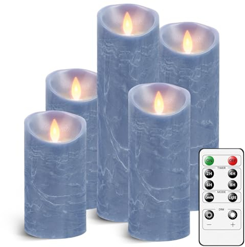 AnnSpa 5 Set Blau LED Kerzen Batteriebetriebene mit Fernbedienung, Flammenlose Echtes Wachs Flackern Moving Wick Flackern Amber Yellow Light Pillar Candles für Weihnachten/Geschenk/Dekoration