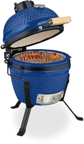 Relaxdays Kamado Grill, Ø 32 cm, Keramikgrill mit Thermometer bis 450°C, BBQ, Grillen, Kochen & Backen, Smoker, blau