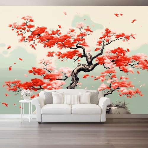 Générique Papier Peint Rétro Peinture À L'Encre Arbre À Fleurs Rouges Mural - Gris-Vert Décoration Papier Peint Intissé, Art Mural Design pour Mur de Fond TV Chambre à Coucher Salon 300 x 210 cm