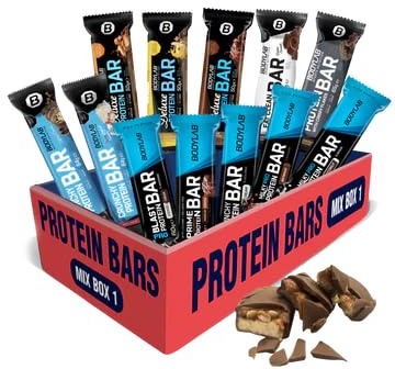 Bodylab24 Protein Bar Mix Box 1, mit 12 unterschiedlichen Proteinriegeln, Eiweißriegel zum Probieren und Verschenken, Low Carb High Protein Riegel