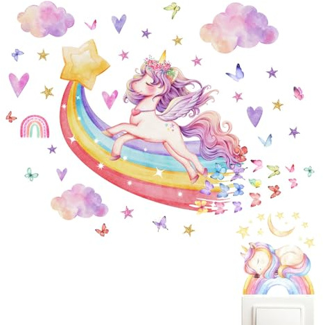 Animal Wall Stickers for Firls Bedroom-Baby Kids Room Nursery Decor (Unicorn Butterfly Rainbow) with Light Switch Sticker