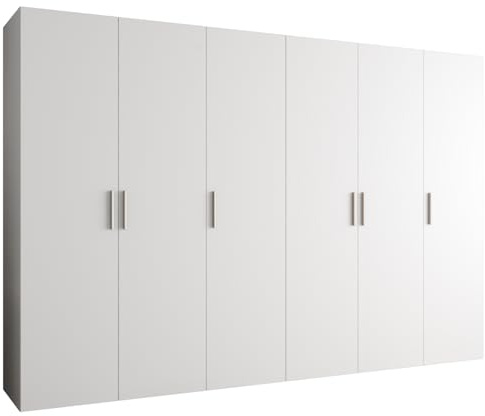 MEBLE KRYSPOL - Kleiderschrank - Garderobenschrank - 300 cm x 202 x 52 cm - Schrank mit Kleiderstange, 6 Türen - für Schlafzimmer, Flur - BARI, Weiß, Griff Silber