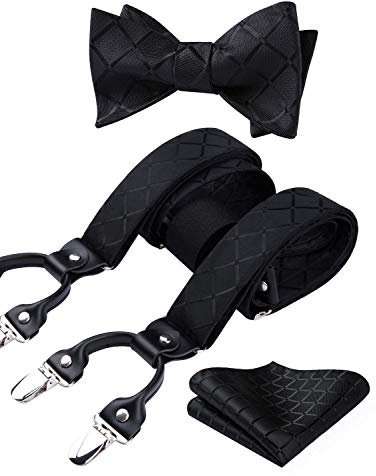 HISDERN Hosenträger Herren und Fliege Set, Y-förmige verstellbare Hosenträger mit 6 starken Clips und Fliege Set