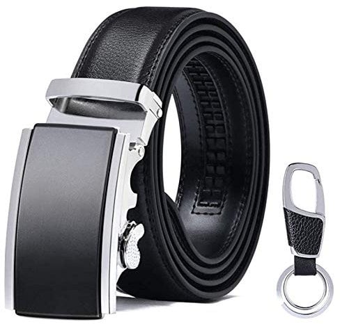 flintronic Herren Gürtel,Hochwertiges Leder material Ratsche Automatik Gürtel für Männer Ledergürtel Breite 3.5cm Länge 130CM-Schwarz (inkl Schlüsselbund & Geschenkbox)