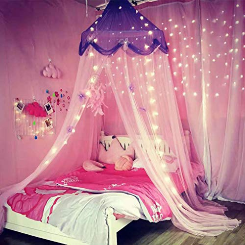 Nattey Baldaquin avec lumières, rideaux de lit, décoration de chambre de fille, lit jumeau à très grand lit, violet et rose