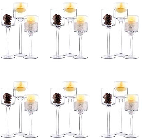 NUPTIO 6 Ensembles (18 Pièces) Bougeoirs Chauffe-Plat Bougeoirs Verre Photophore Grand Élégant Bougeoir Pilier pour Mariage Maison Manteau Noël Fêtes Centres Table Cadeau Pendaison Crémaillère