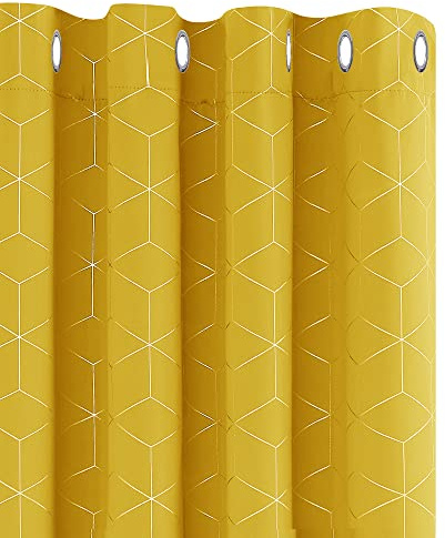 Deconovo Set of 2 Mustard Yellow Blackout Curtains Thermal Insulated Anti Cold Diamond Printed Silver 140 x 183 cm for Living Room Children's Bedroom Curtains